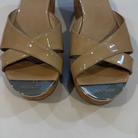 Jimmy Choo Prima Nude Patent Leather Cork Wedge Slide Sandals. Size 37 1/2 - Picture 3 of 15